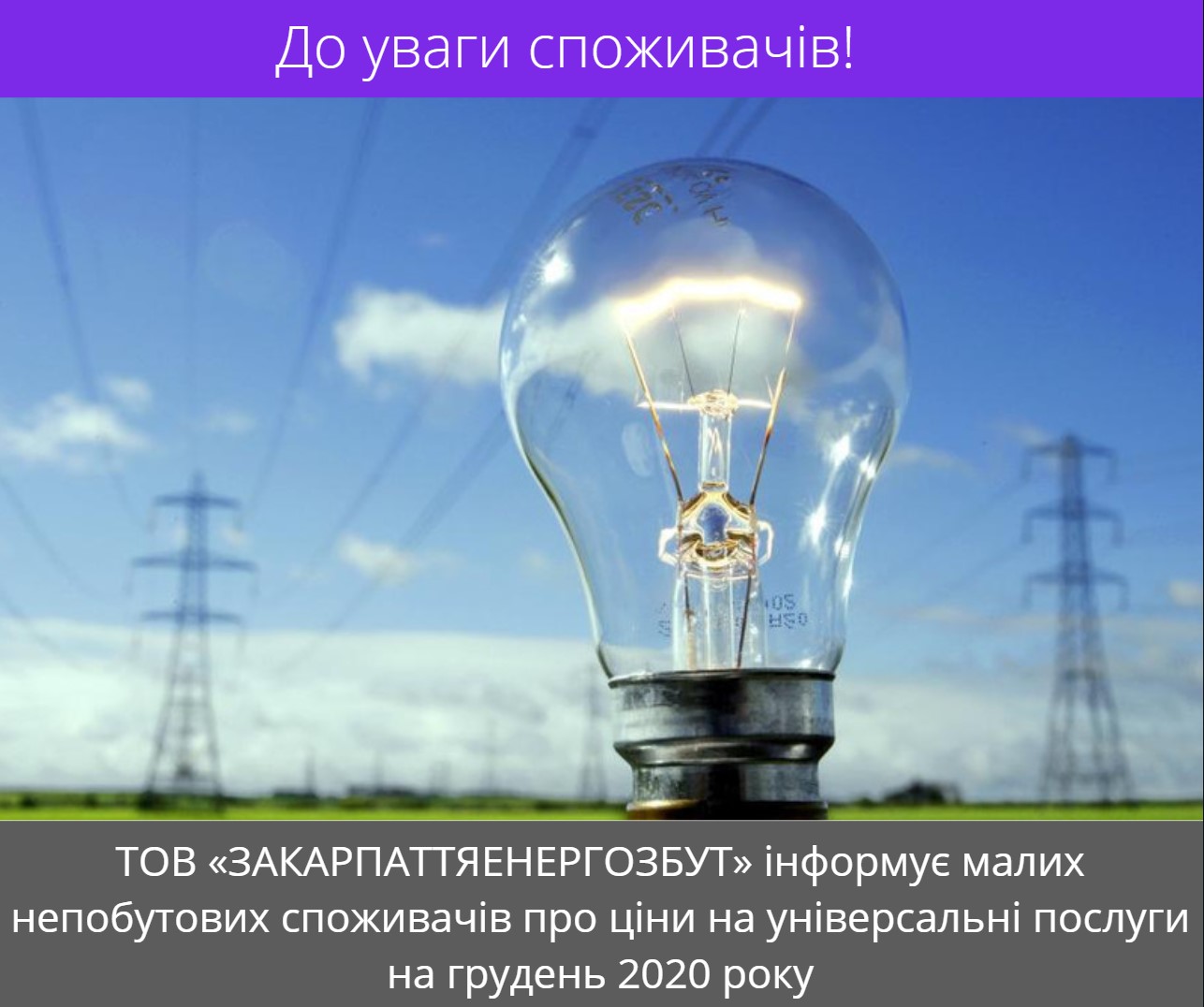ТОВ «ЗАКАРПАТТЯЕНЕРГОЗБУТ» інформує малих непобутових споживачів про ціни на універсальні послуги на грудень 2020 року